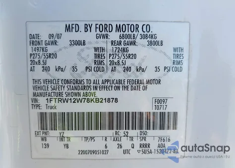 2008 Ford F-150 60Th Anniversary/Fx2/Xl/Xlt z USA, uszkodzony, nr VIN 1FTRW12W78KB21878